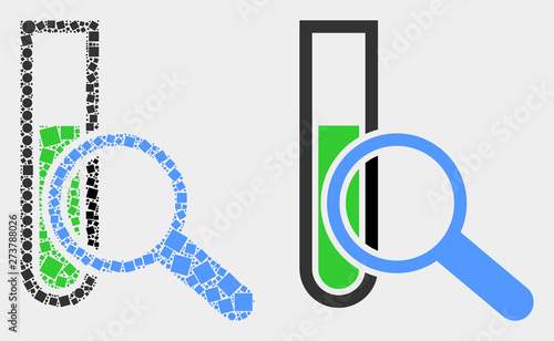 Dot and flat explore test-tube icons. Vector mosaic of explore test-tube combined of scattered square elements and spheric elements.
