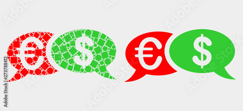 Dotted and flat financial chat messages icons. Vector mosaic of financial chat messages designed of random square dots and spheric dots.