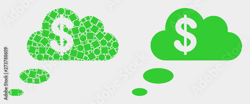 Pixel and flat financial dream clouds icons. Vector mosaic of financial dream clouds composed of random square dots and spheric dots.