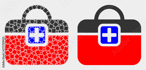 Dot and flat first-aid case icons. Vector mosaic of first-aid case composed of random small squares and spheric dots.