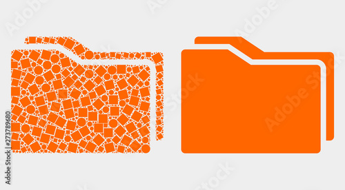 Dot and flat folders icons. Vector mosaic of folders composed of irregular square pixels and spheric pixels.