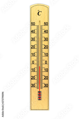 Wooden celsius scale thermometer isolated on white background. Thermometer shows air temperature minus 3 degrees