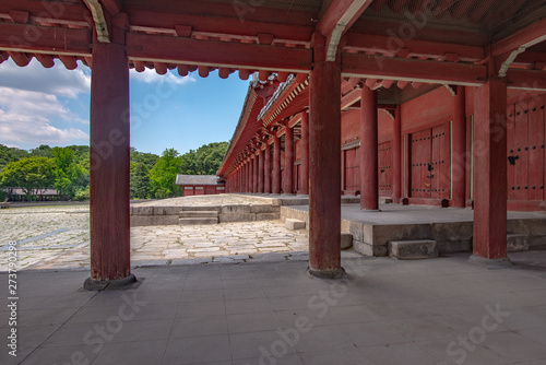 Detail view of the colonnade of the main temple  Jongmyo shrine  Seoul
