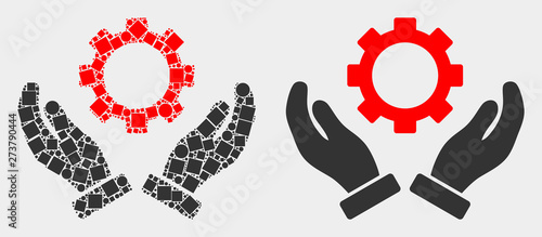 Dot and flat gear care hands icons. Vector mosaic of gear care hands created of random square particles and spheric items.