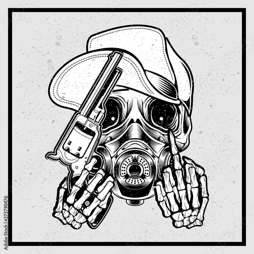grunge style skull wearing a hat holding a gun and finger fuck-vector