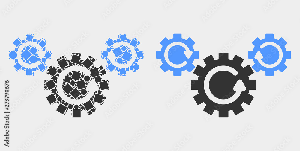 Dot and flat gear rotation icons. Vector mosaic of gear rotation organized with random square pixels and circle pixels. Dot and flat gear rotation icons. Vector mosaic of gear rotation organized with random square pixels and circle pixels.
