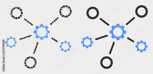 Dot and flat gear links icons. Vector mosaic of gear links composed of scattered square particles and spheric elements.