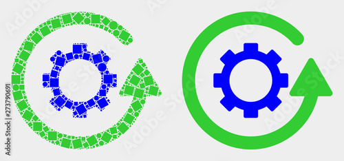 Pixel and flat gear rotation icons. Vector mosaic of gear rotation combined of irregular dots and spheric dots.