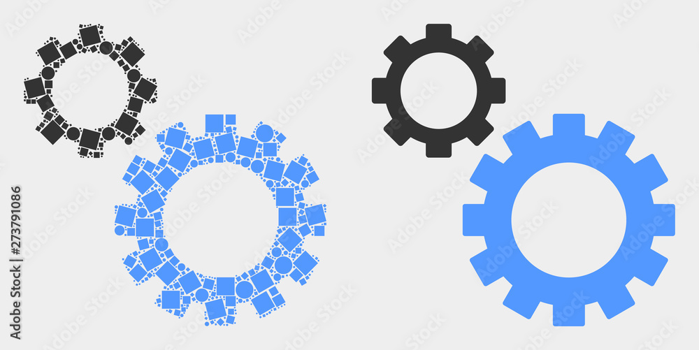 Pixel and flat gears icons. Vector mosaic of gears created of irregular dots and circle items.