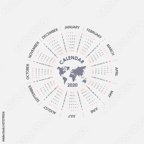 2020 Calendar Template.Circle calendar template.Calendar 2020 Set of 12 Months.Starts from Sunday.Yearly calendar vector design stationery template.Vector illustration.