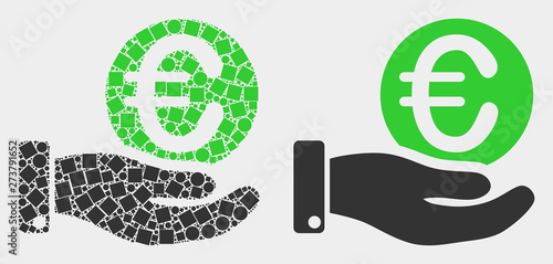 Dotted and flat hand offfer euro coin icons. Vector mosaic of hand offfer euro coin formed with irregular square pixels and spheric pixels.