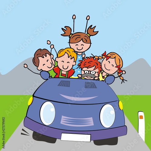 Happy kids go at blue car, at background is mountain and sky, vector illustration
