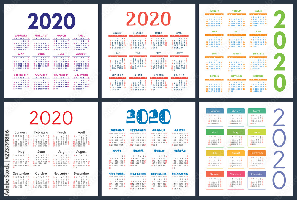 Calendar 2020 year set. Vector square calender design template. Colorful English collection. Week starts on Sunday