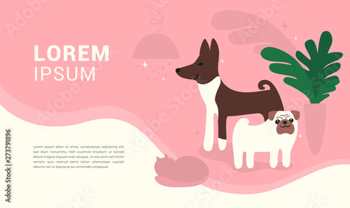 Vector illustration with happy dogs and cat for banner, card, brochure, flyer, landing page, invitation, presentation, blog. Pink design for Pet hotel, vet clinic, veterinary hospital, care service.