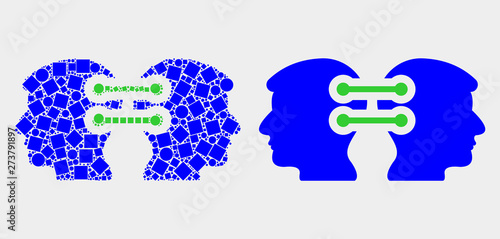 Pixel and flat head links integration icons. Vector mosaic of head links integration combined of irregular square pixels and circle pixels.