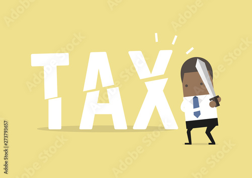 African businessman cut tax with sword. Business concept of reducing and lowering taxes.
