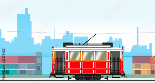 Cityscape with a retro tram passing by. Vector illustration.
