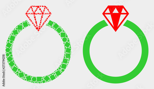 Pixel and flat jewelry ring icons. Vector mosaic of jewelry ring composed of irregular square pixels and spheric items.