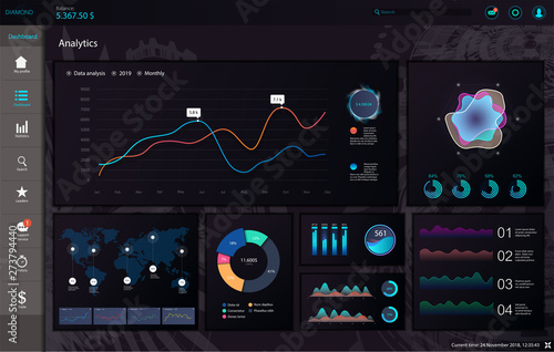 Dark Dashboard Infographic template. Modern web app UI with graphs round bars and charts. Vector admin panel with creative workflow design. Dashboard Infographic UI, UX, KIT elements