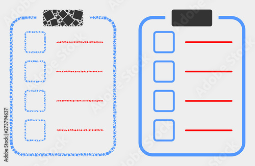 Pixel and flat list items pad icons. Vector mosaic of list items pad designed of irregular small squares and spheric dots.