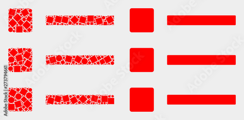 Pixel and flat list items icons. Vector mosaic of list items combined of irregular rectangle elements and spheric elements.