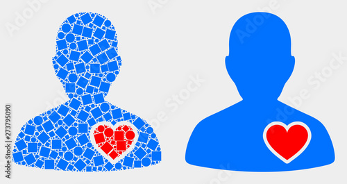 Dotted and flat lover heart icons. Vector mosaic of lover heart formed of random square elements and spheric elements.