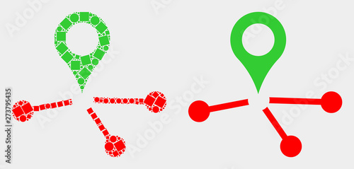 Dotted and flat map pointer links icons. Vector mosaic of map pointer links constructed of random rectangle elements and round elements.