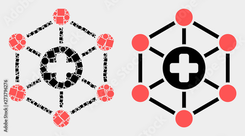 Dot and flat medical center links icons. Vector mosaic of medical center links constructed of irregular small squares and circle items.