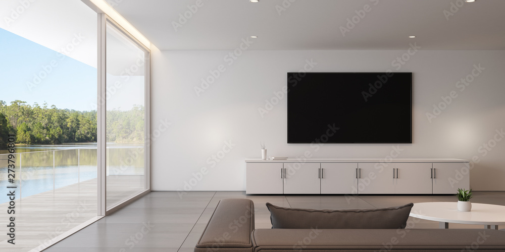 View of luxury living room in minimal style with furniture on bright laminate floor on lake view background.Interior design with TV and cabinet.on white wall, 3d rendering. View of luxury living room in minimal style with furniture on bright laminate floor on lake view background.Interior design with TV and cabinet.on white wall, 3d rendering.