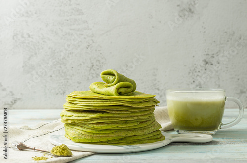 Matcha green tea with matcha green crepes