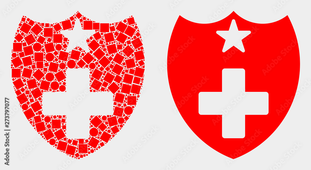 Fototapeta premium Dotted and flat medical shield icons. Vector mosaic of medical shield combined of irregular square elements and spheric elements.