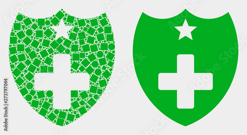 Dot and flat medical shield icons. Vector mosaic of medical shield organized of randomized small rectangles and round items.