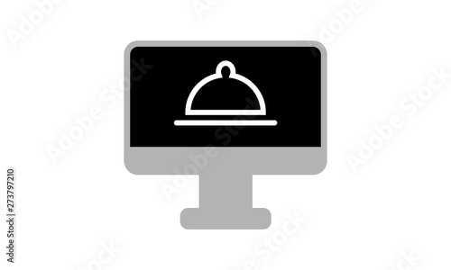 Food ordering computer monitor vector icon. filled flat sign for mobile concept and web design. Monitor with fork and knife simple solid icon. Symbol, logo illustration. Pixel perfect vector graphics