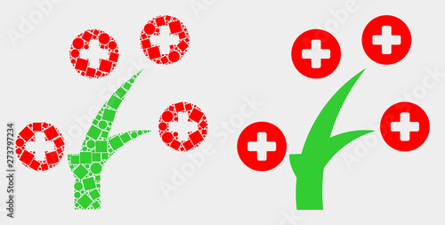 Pixel and flat medical tree icons. Vector mosaic of medical tree organized of scattered square pixels and circle pixels.