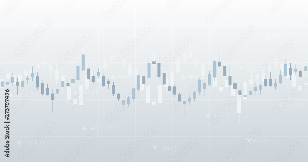 Widescreen Abstract financial chart with candlestick graph and numbers on black and white color background