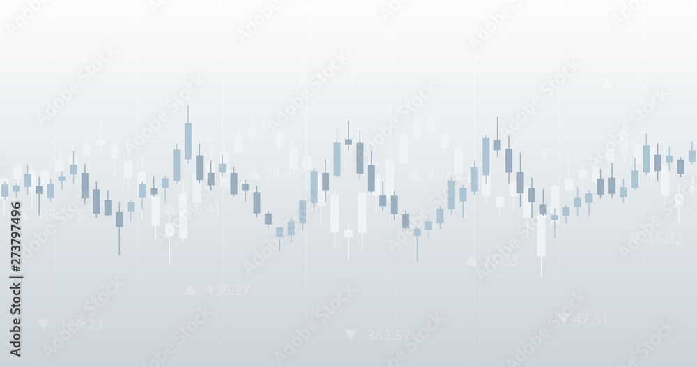 Fototapeta premium Widescreen Abstract financial chart with candlestick graph and numbers on black and white color background