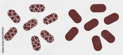 Dot and flat microbes icons. Vector mosaic of microbes combined of scattered small rectangles and circle elements.