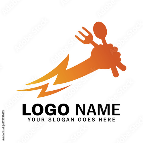 Hand logo holds spoon and fork with variations of thunder as fast symbol