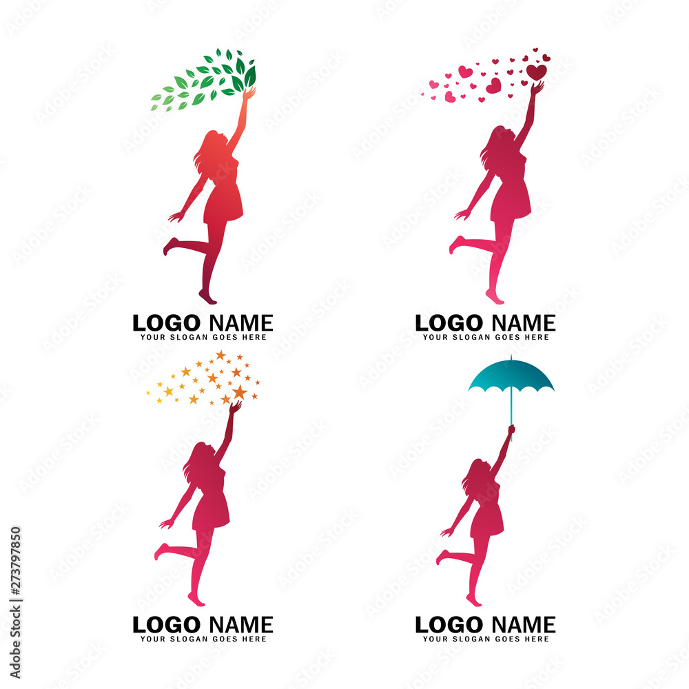 Women logo collection reaching for star, love, leaf and holding umbrella