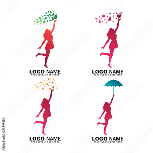 Women logo collection reaching for star, love, leaf and holding umbrella