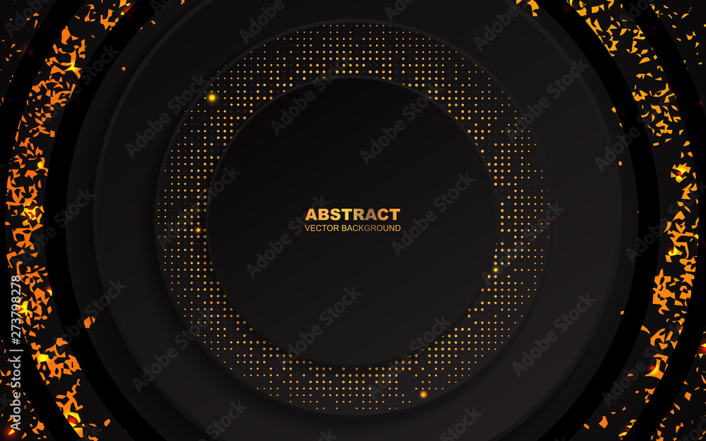 Obraz premium Abstract 3d modern cover design background with black circle and golden glitters pattern. Vector template for use frame, cover, banner, card, presentation, advertising, corporate
