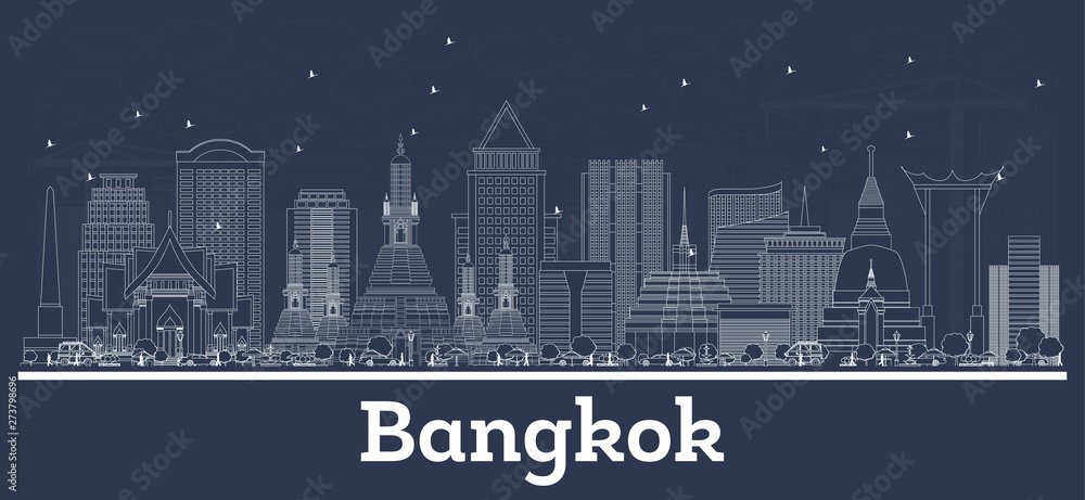 Outline Bangkok Thailand City Skyline with White Buildings.