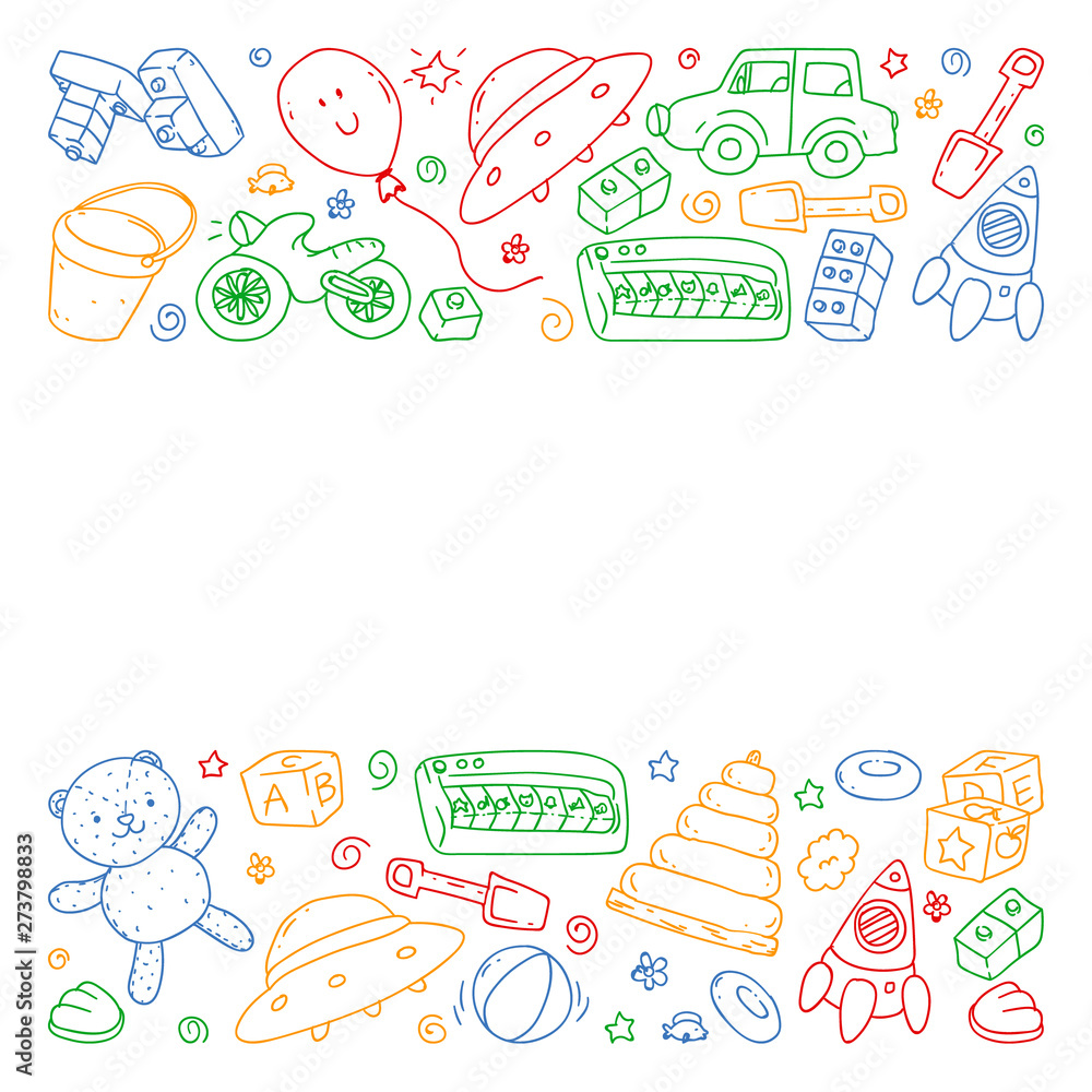 Vector pattern with kindergarten, toy children. Happy children illustration. Drawing on a white background.