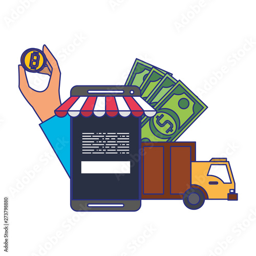Bitcoin cryptocurrency online payment symbols blue lines