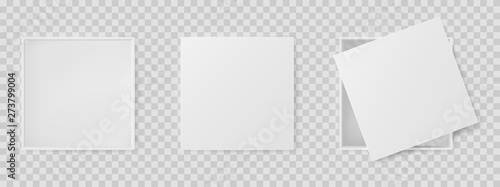 White open empty squares cardboard pizza box isolated on transparent background. Mockup template for design products, package, branding, advertising. Top view. Vector illustration.