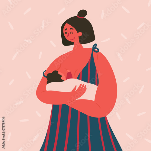 Breast feeding happy woman with baby on her hands. Girl in madonna pose feeds her babe with mother milk. Decision of natural breastfeeding. Vector cartoon flat illustration