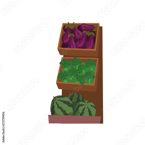 Market Wooden Counter with with Fresh Natural Organic Vegetables and Fruits, Street Shop Showcase Vector Illustration