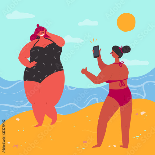 Two girls on the beach have photoset. Girl is taking photo of her friend near the sea. Plus size body positive woman is posing on the seaside. Vector flat cartoon illustration.
