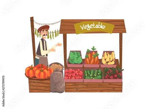 Vegetable Local Farmer Market with Fresh Natural Organic Products on Counter, Street Shop, Male Seller Selling Fresh Vegetables Vector Illustration