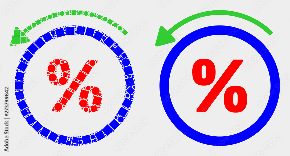 Dot and flat percent back icons. Vector mosaic of percent back combined of randomized square pixels and round pixels. Dot and flat percent back icons. Vector mosaic of percent back combined of randomized square pixels and round pixels.